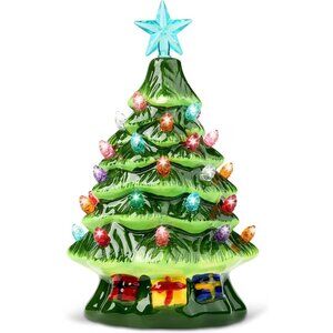 7" Ceramic Christmas Tree with Gift Box, Mini Prelit Tabletop Christmas Tree